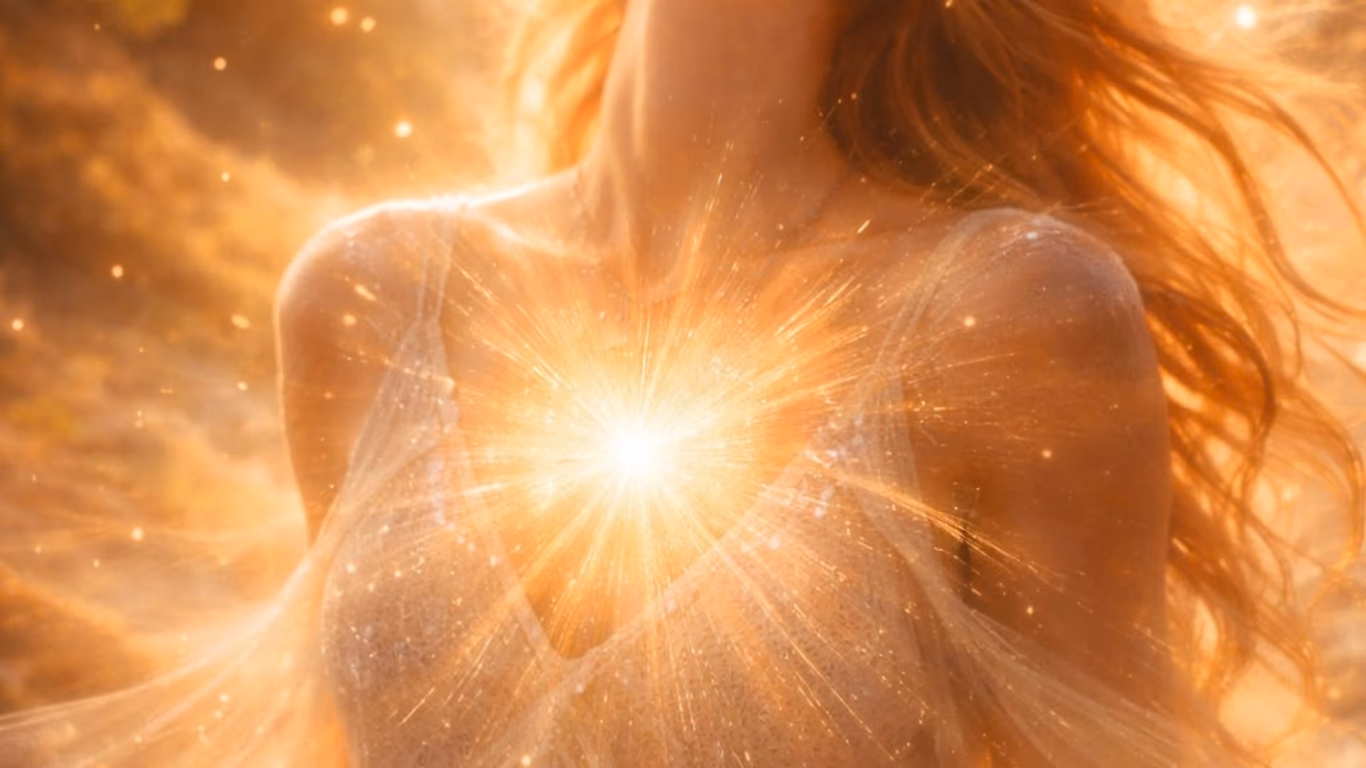 A woman with long auburn hair in golden light, a bright star of light glowing at the centre of her chest.