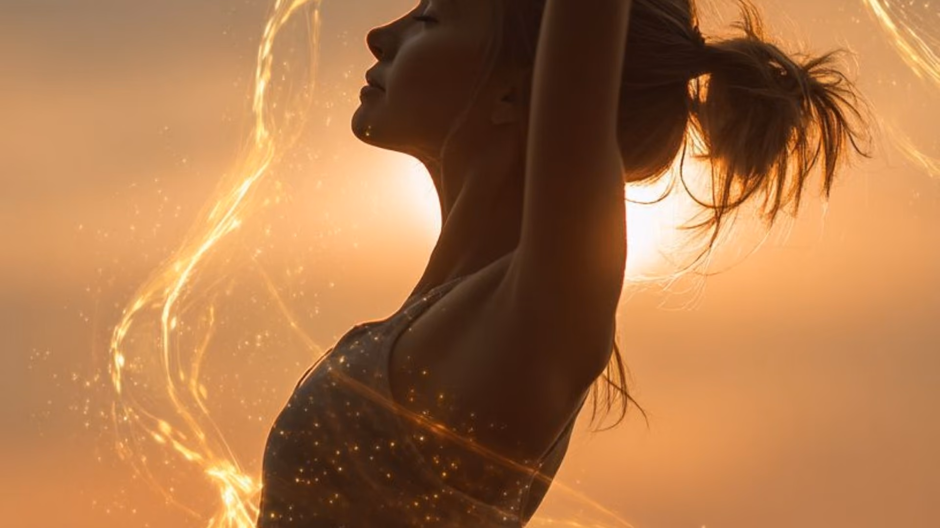 A woman in silhouette against a low golden sun, eyes closed and arms raised behind her head, ribbons of light curling around her.